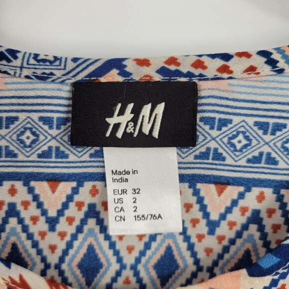 H&M Women Blue Multicolor Aztec Print Crew Neck Casual Mini Dress Size 2 - Picture 2 of 10
